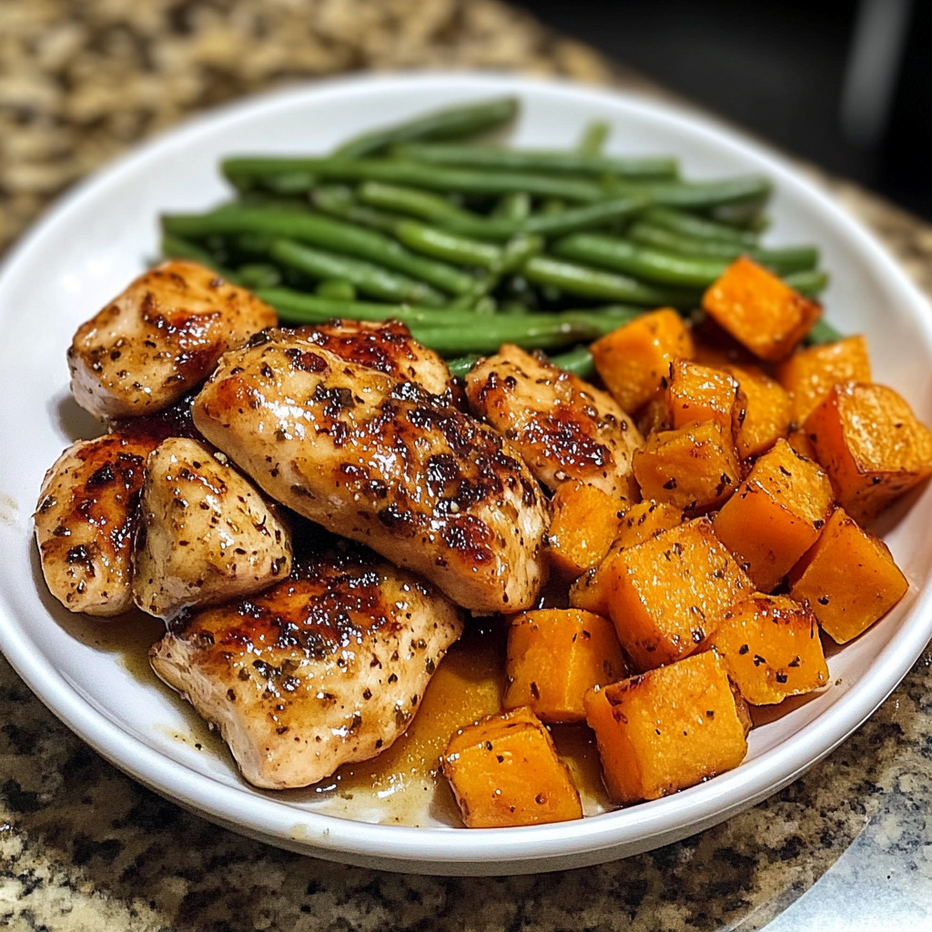 Honey Garlic Chicken with Sweet Potatoes and Green Beans