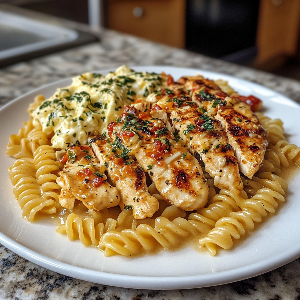 Creamy Garlic Parmesan Chicken with Cheesy Twisted Pasta