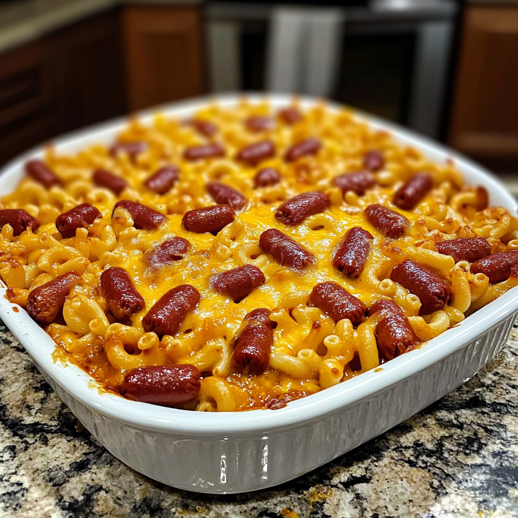 Loaded Chili Cheese Dog Pasta Bake